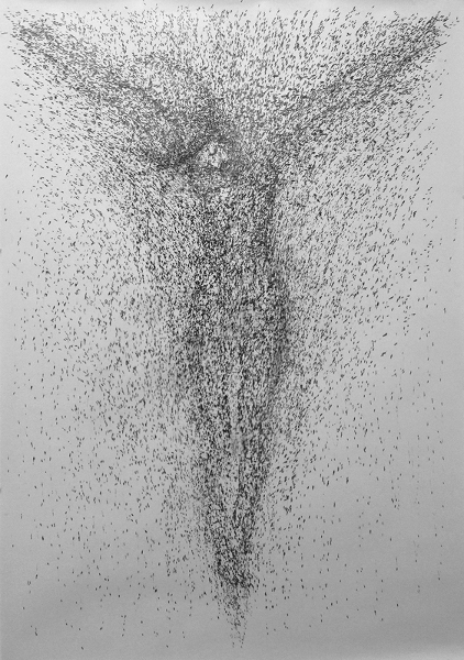 Yazid Oulab – Noyau Cosmique : Yazid Oulab, Noyau cosmique, 2012, graphite embouté à une perceuse, 220 x 150 cm © Courtesy Galerie Eric Dupont, Paris
